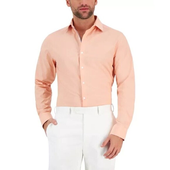Bar III Mens Chambray Dress Shirt Button Down Apricot Slim Fit Long Sleeve - Picture 1 of 6